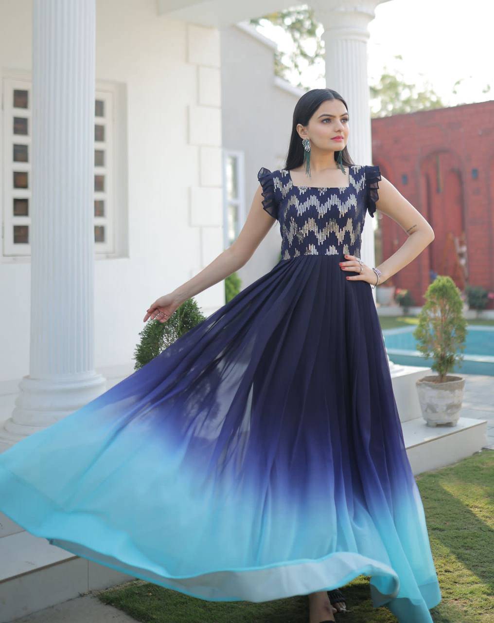 Dashing Faux Georgette Shaded Sequins Worked Gown - Ethnicwish