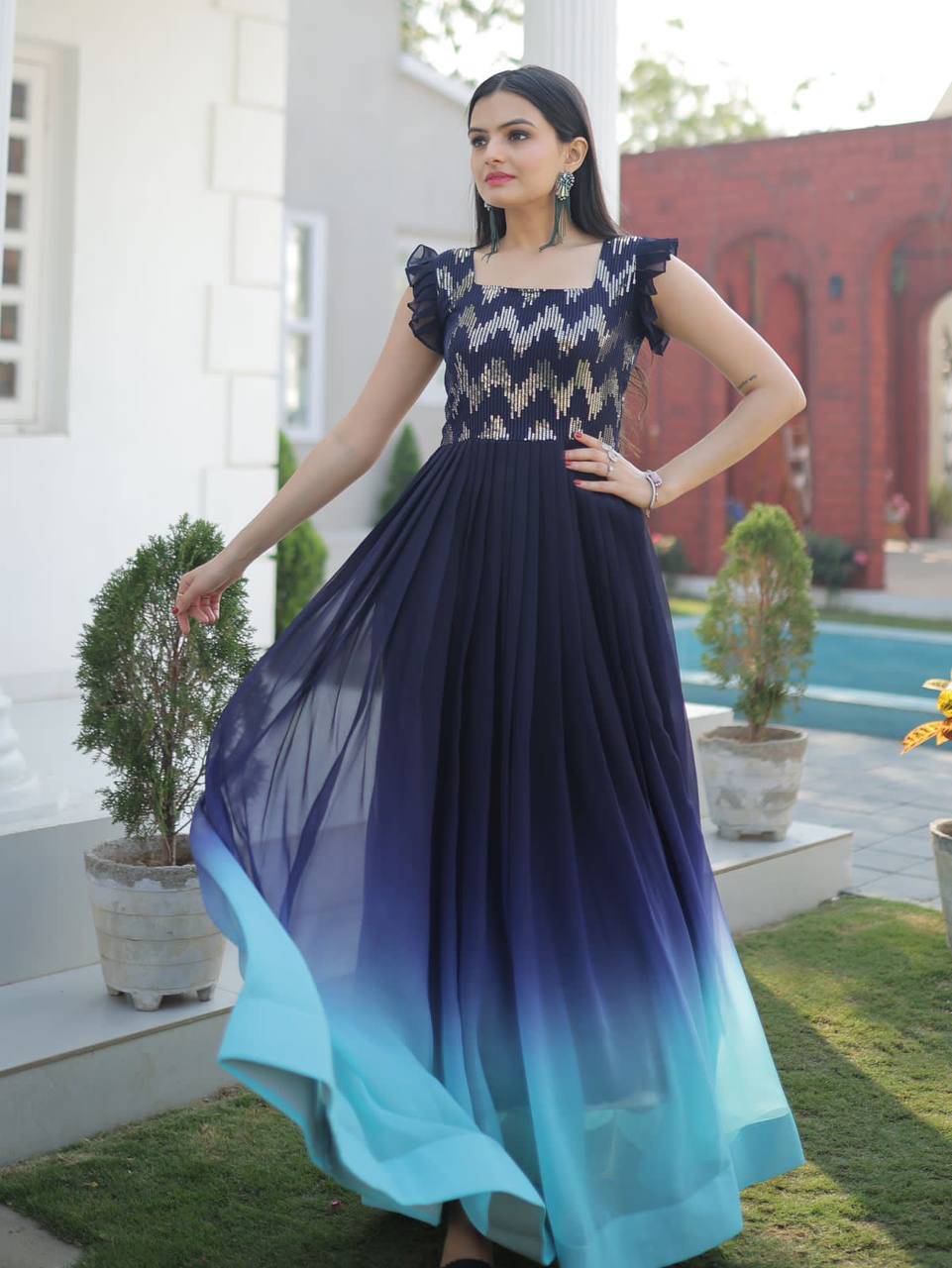 Dashing Faux Georgette Shaded Sequins Worked Gown - Ethnicwish