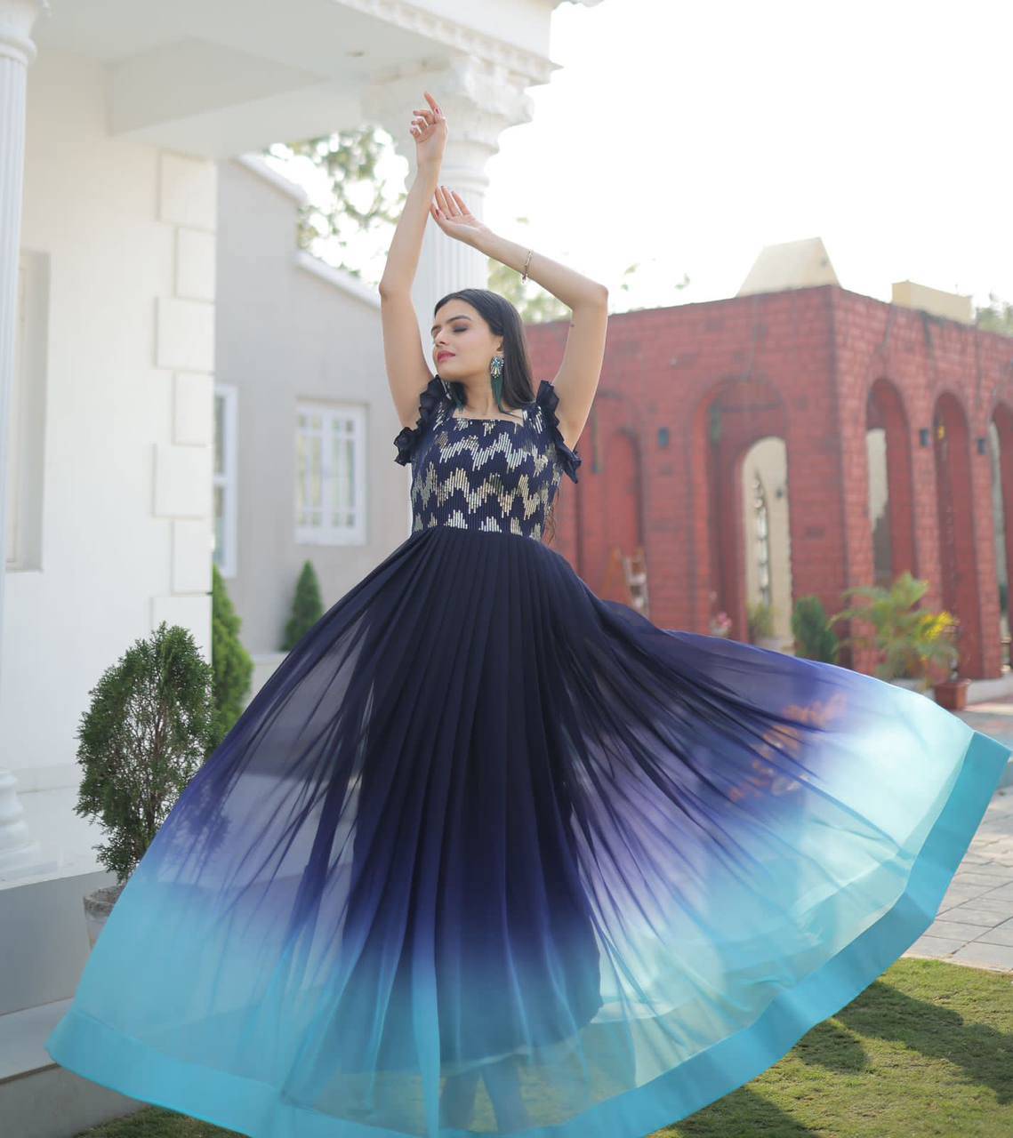 Dashing Faux Georgette Shaded Sequins Worked Gown - Ethnicwish