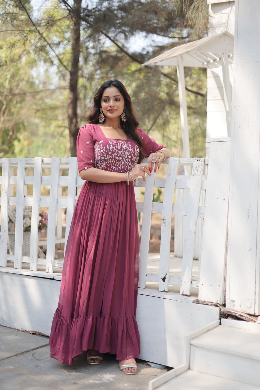 Glorious Faux Georgette Sequins Thread Worked Stitched Gown - Ethnicwish