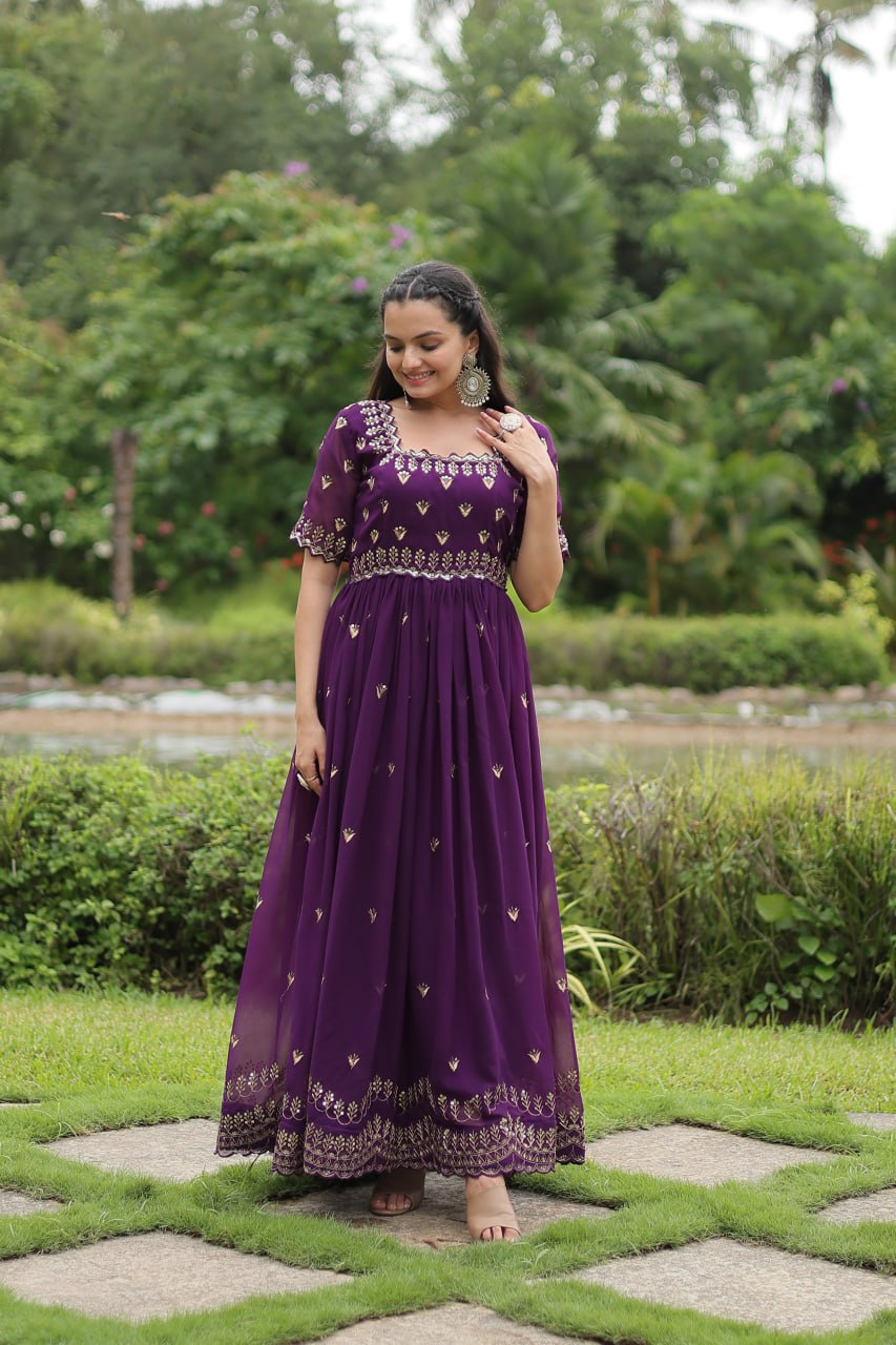 Striking Faux Georgette Zari Sequins Worked Stitched Gown - Ethnicwish