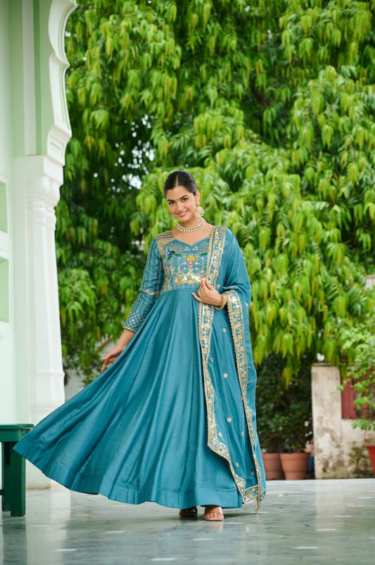 Graceful Sequins & Zari Embroidered Vichitra Silk Gown