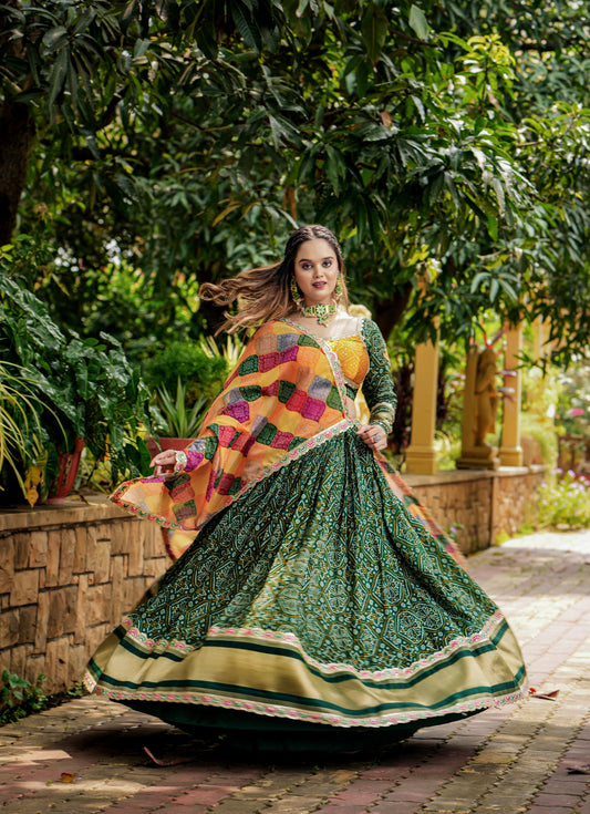 Alluring Green Gaji Silk Printed Zari Thread Sequins Worked Lehenga Choli - Ethnicwish