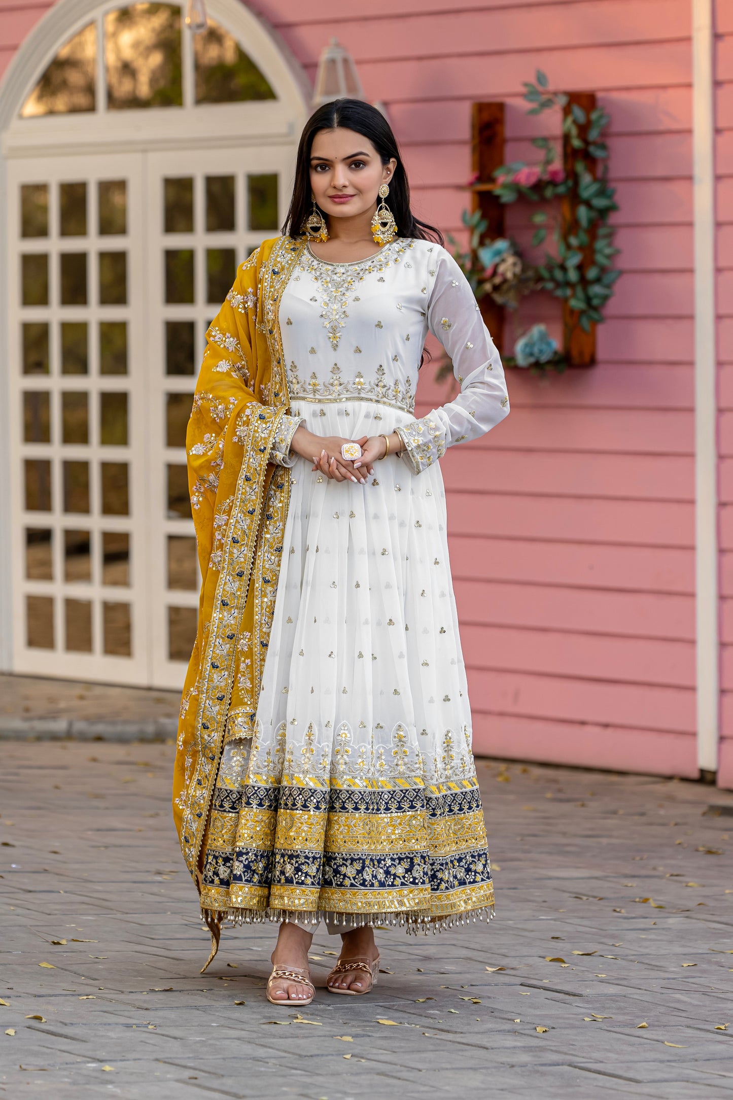 Elegant Embroidered Faux Georgette Gown Set – A Blend of Grace & Glamour