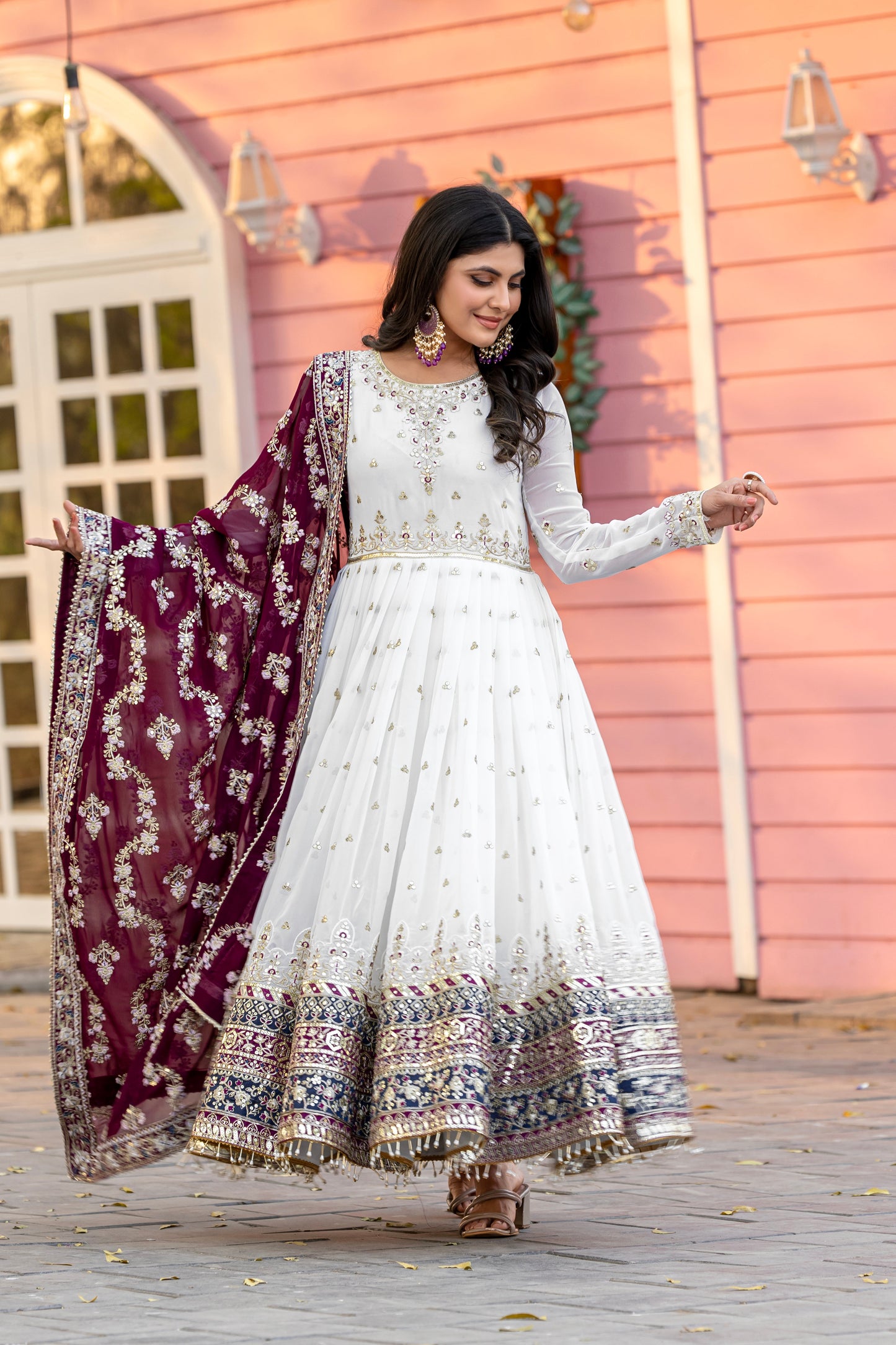 Elegant Embroidered Faux Georgette Gown Set – A Blend of Grace & Glamour