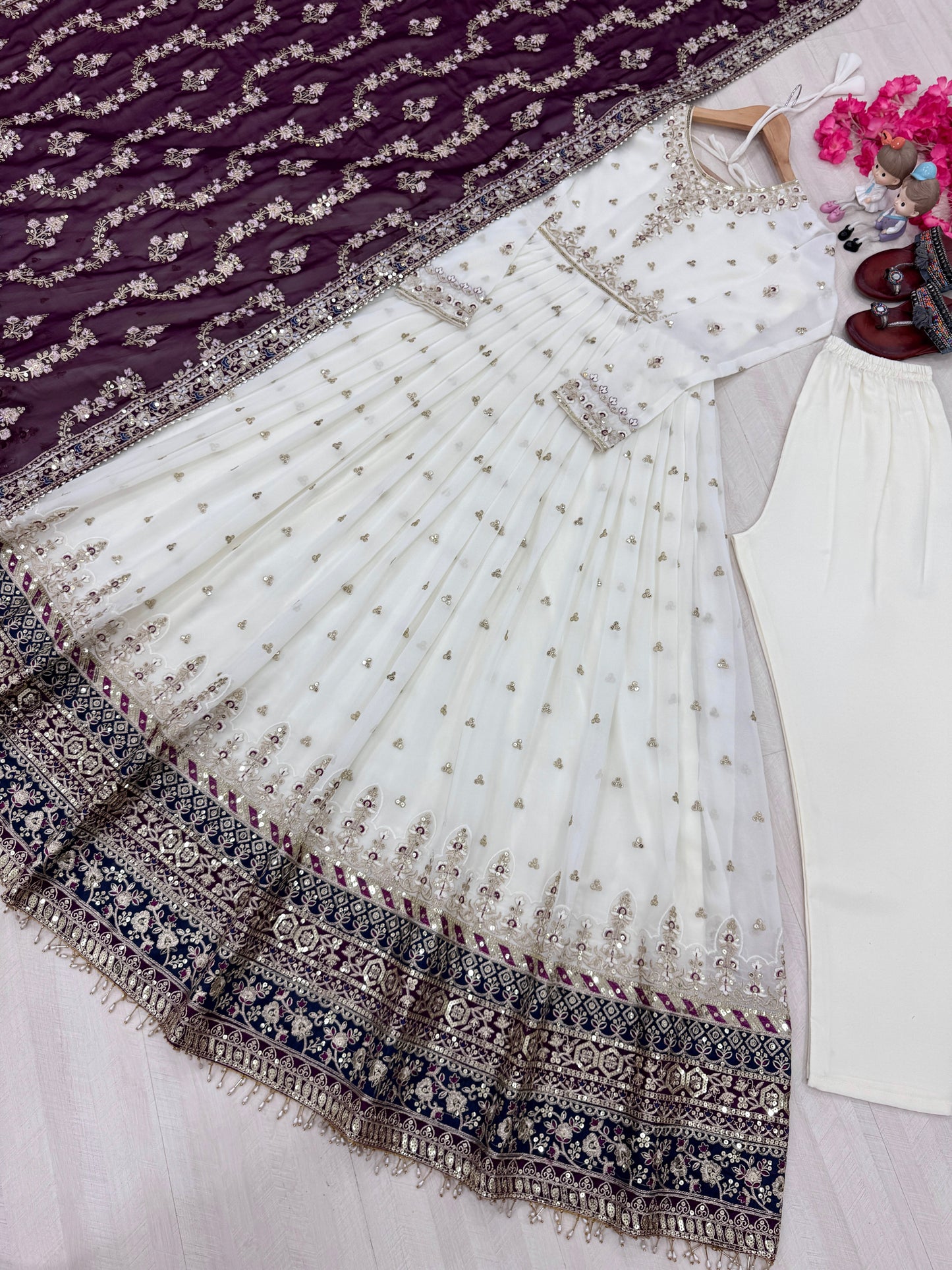 Elegant Embroidered Faux Georgette Gown Set – A Blend of Grace & Glamour