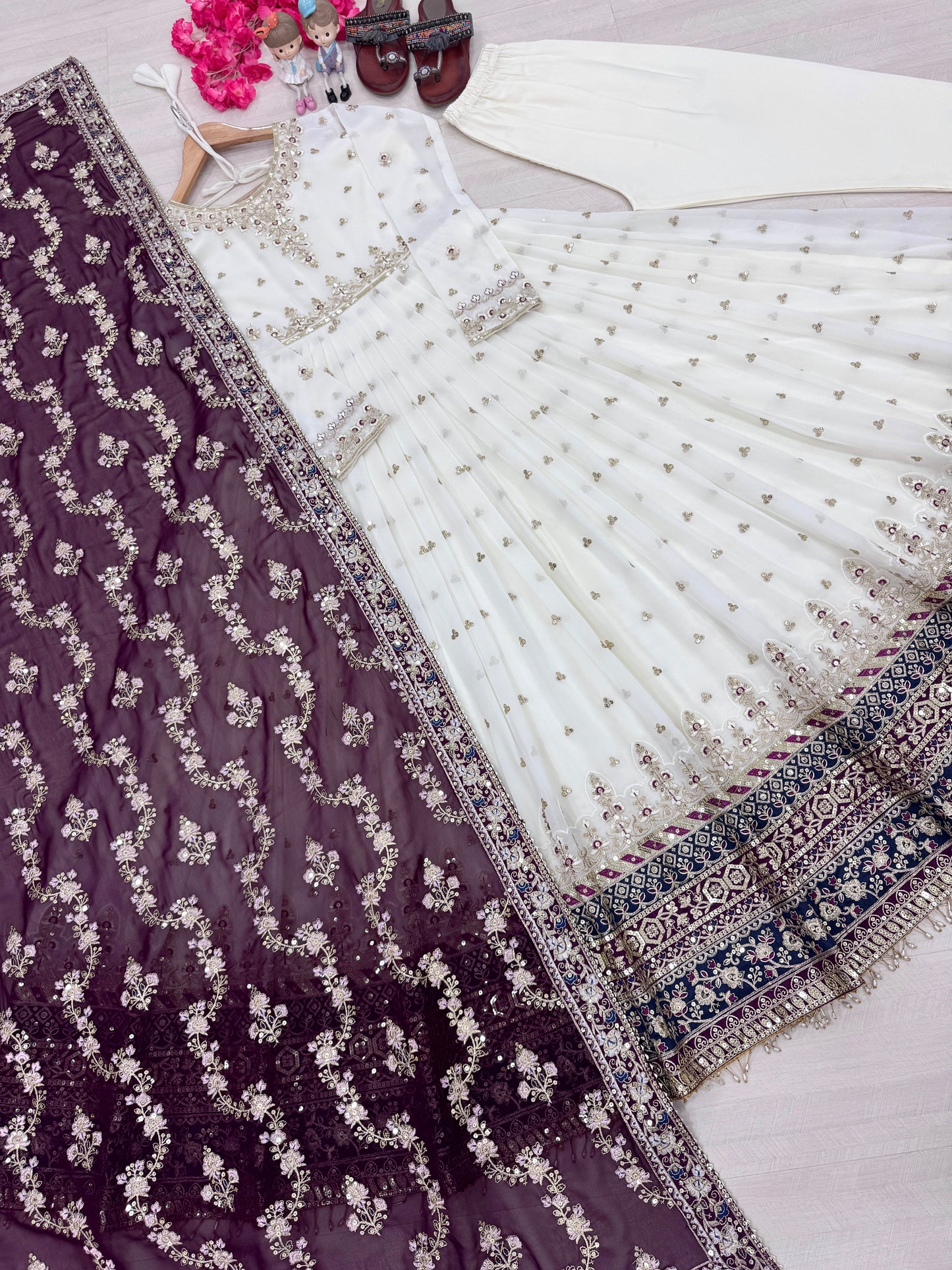 Elegant Embroidered Faux Georgette Gown Set – A Blend of Grace & Glamour