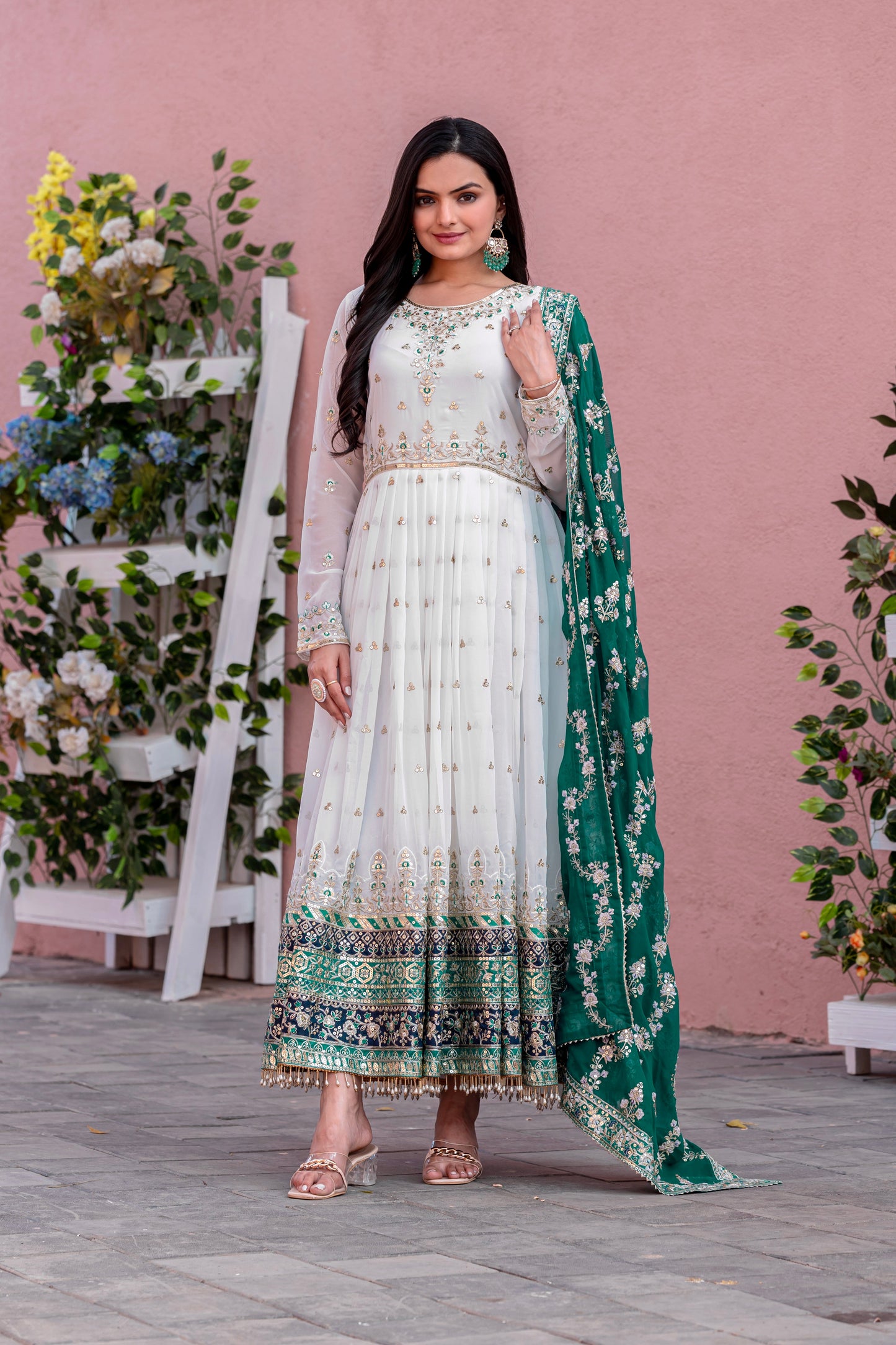 Elegant Embroidered Faux Georgette Gown Set – A Blend of Grace & Glamour