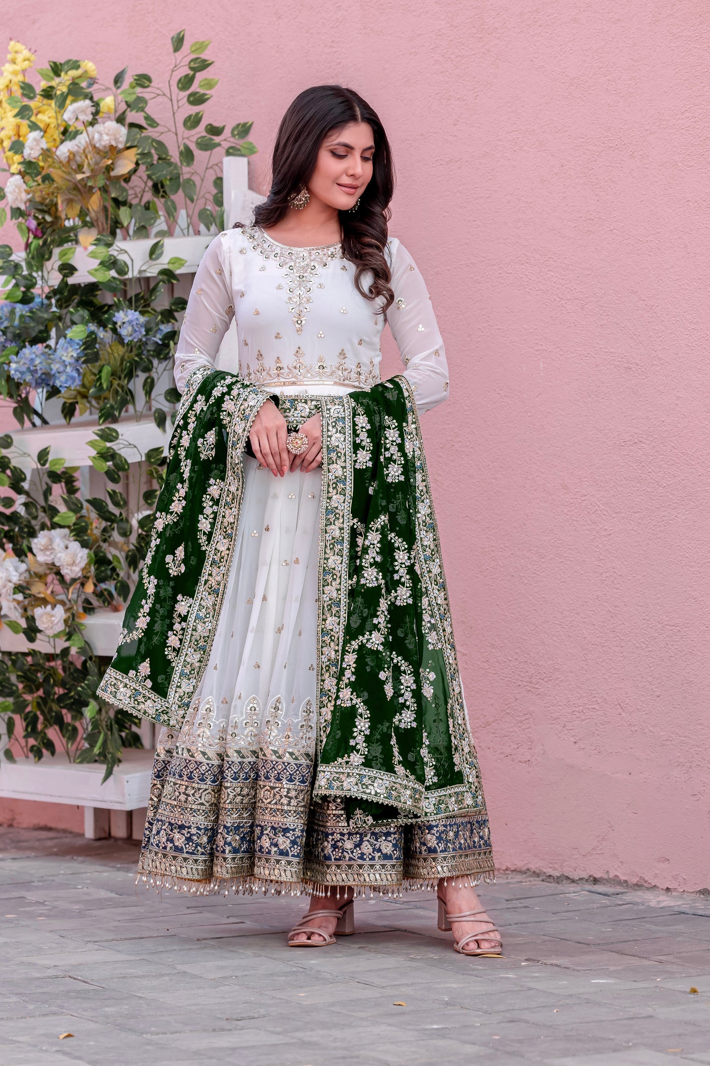 Elegant Embroidered Faux Georgette Gown Set – A Blend of Grace & Glamour