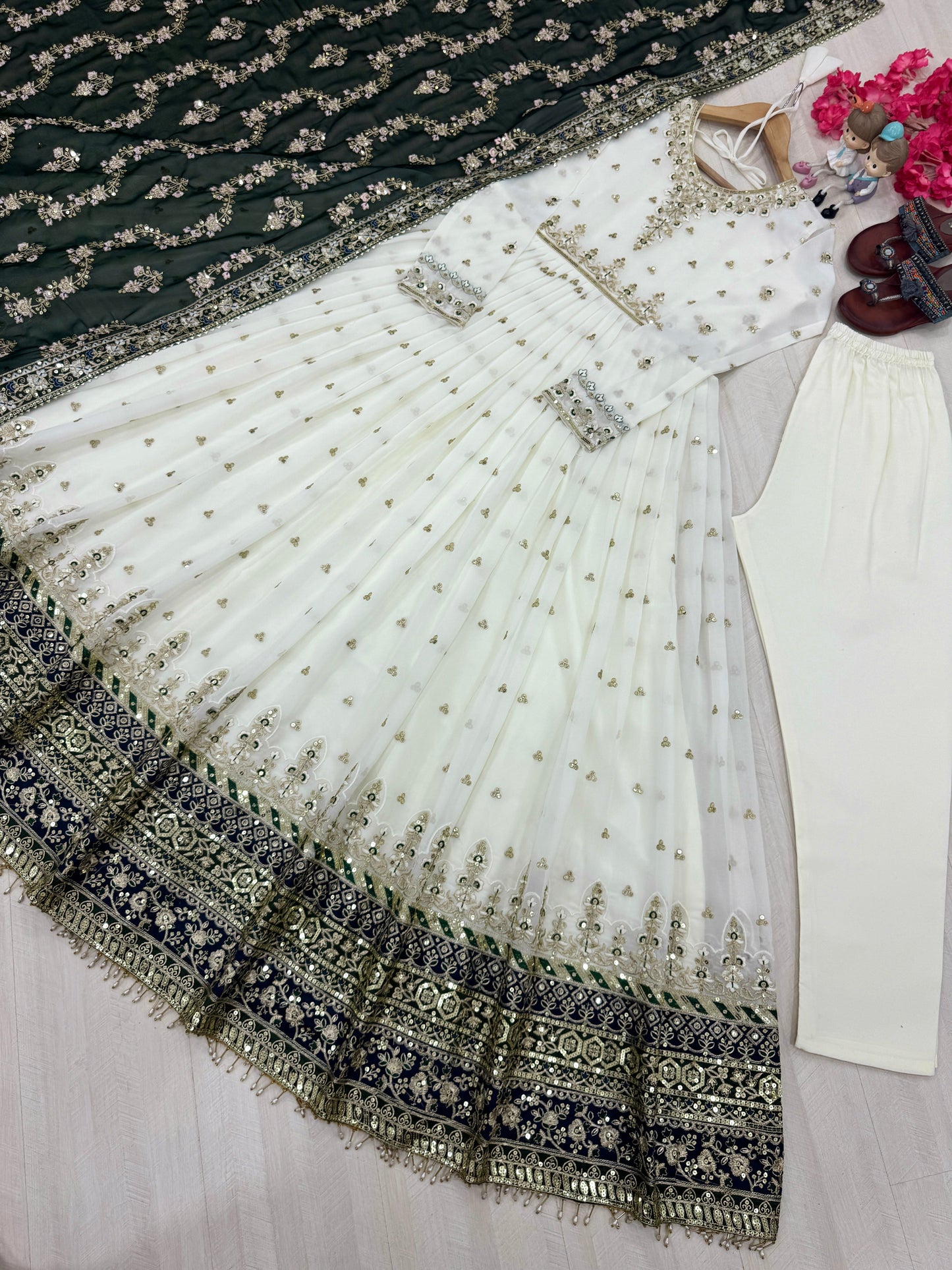 Elegant Embroidered Faux Georgette Gown Set – A Blend of Grace & Glamour