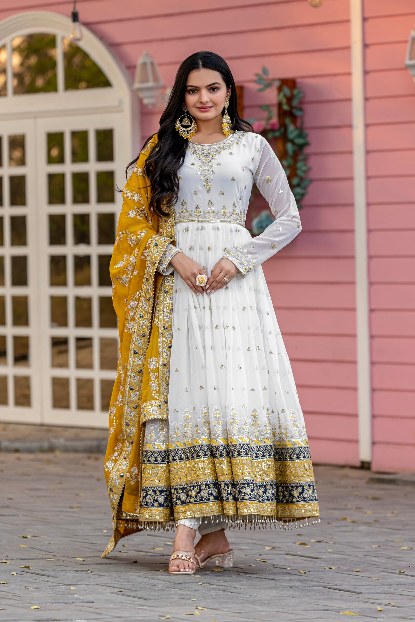 Elegant Embroidered Faux Georgette Gown Set – A Blend of Grace & Glamour