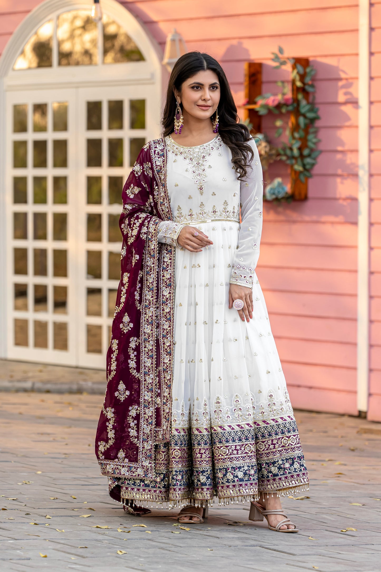 Elegant Embroidered Faux Georgette Gown Set – A Blend of Grace & Glamour