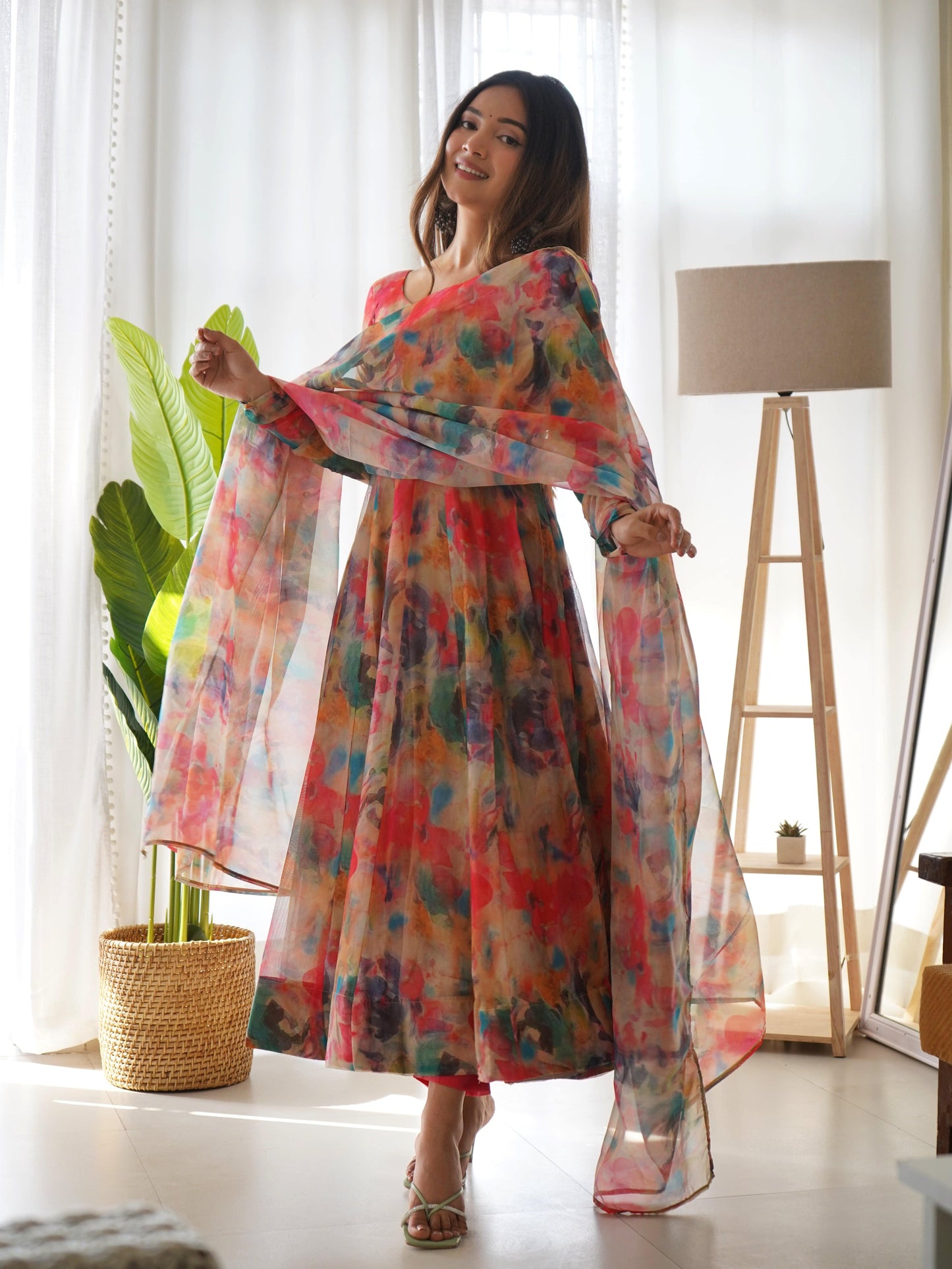 Elegant Soft Organza Silk Floral Designer Anarkali Pant Suit - Ethnicwish