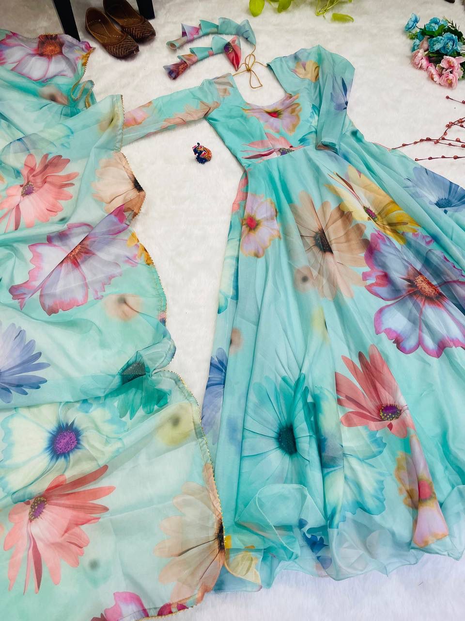 Radiant Sky Blue Organza Silk Floral Printed Stitched Gown With Dupatta - Ethnicwish
