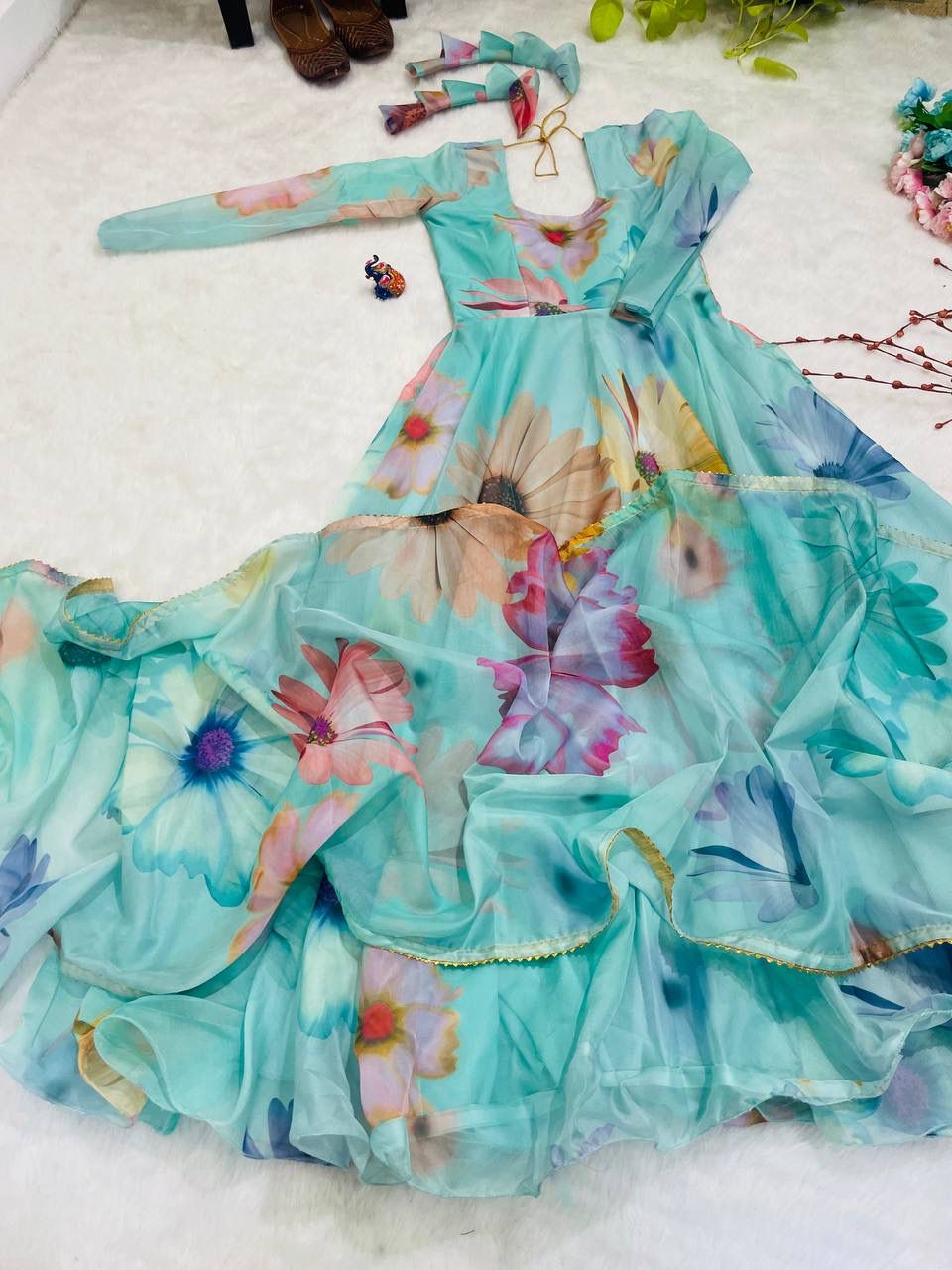 Radiant Sky Blue Organza Silk Floral Printed Stitched Gown With Dupatta - Ethnicwish
