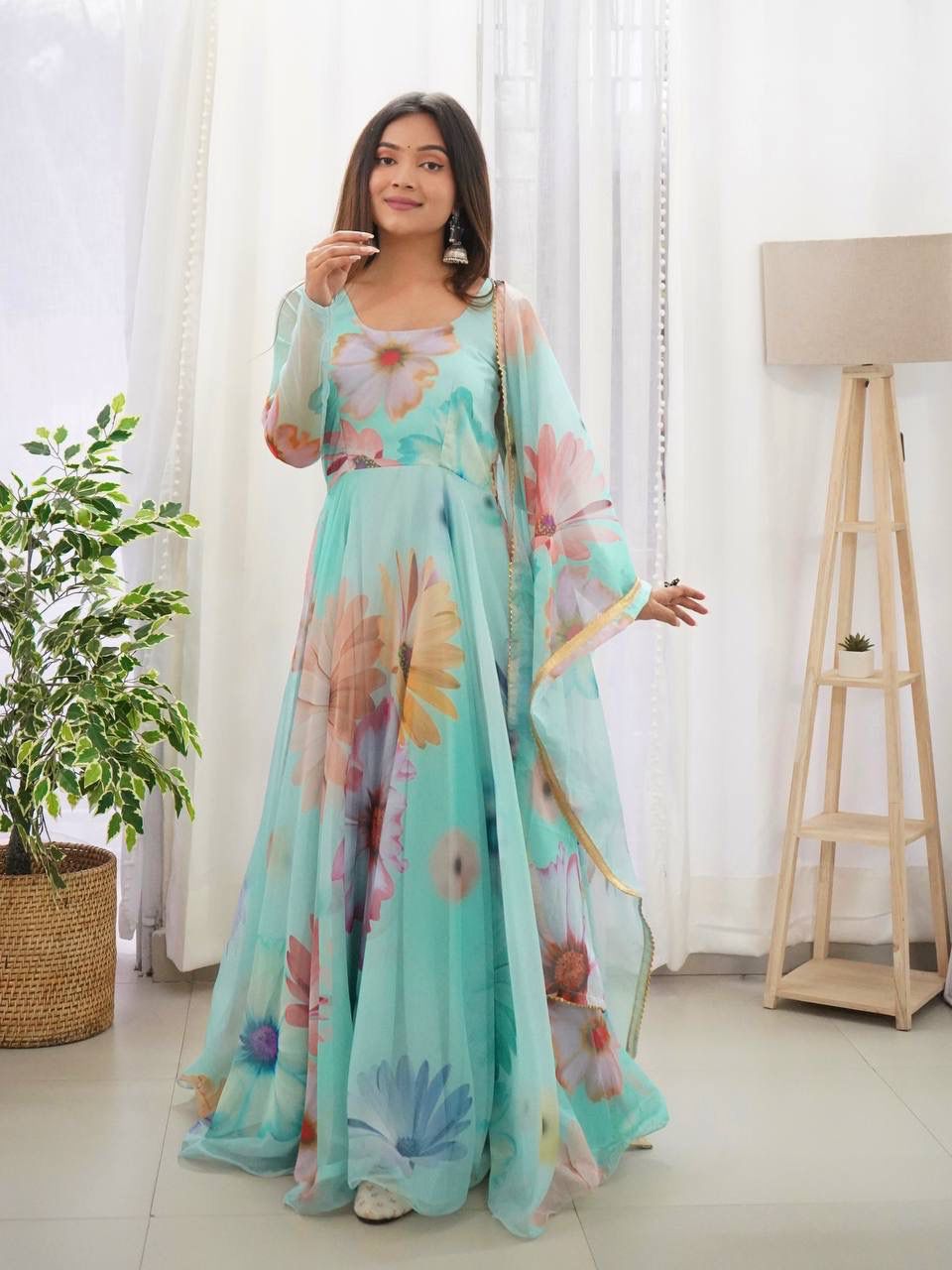 Radiant Sky Blue Organza Silk Floral Printed Stitched Gown With Dupatta - Ethnicwish