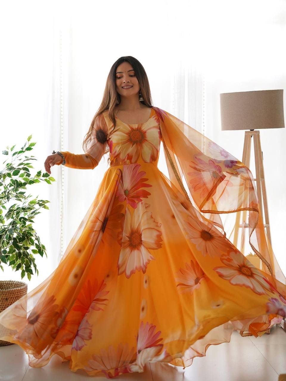 Elegant Orange Organza Silk Floral Printed Stitched Gown With Dupatta - Ethnicwish