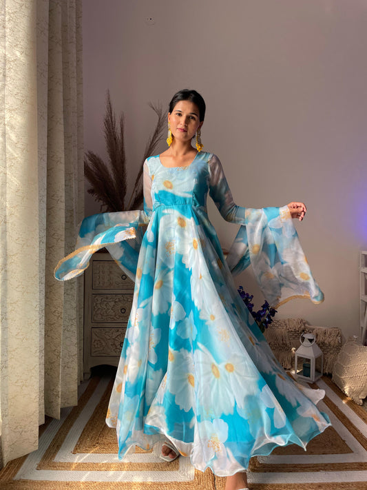 Classy Sky Blue Organza Silk Floral Printed Stitched Gown With Dupatta - Ethnicwish