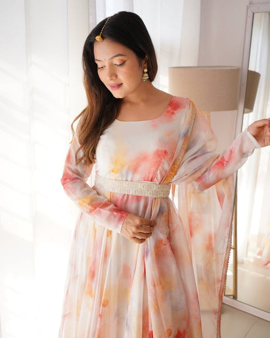 Elegant Organza Silk Floral Digital Printed Gown With Dupatta - Ethnicwish