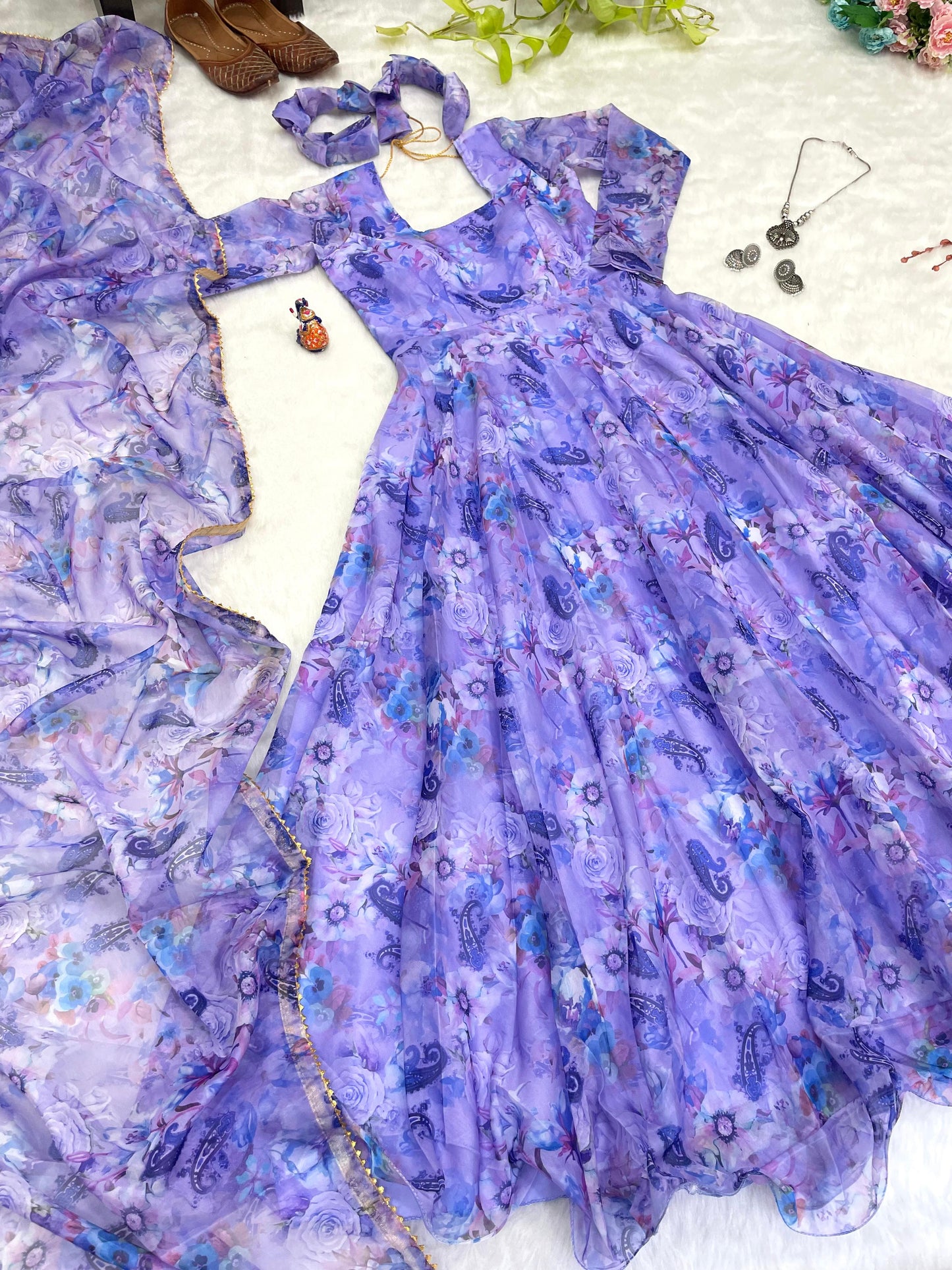 Spectacular Festive Wear Organza Sik Floral Digital Printed Gown - Ethnicwish