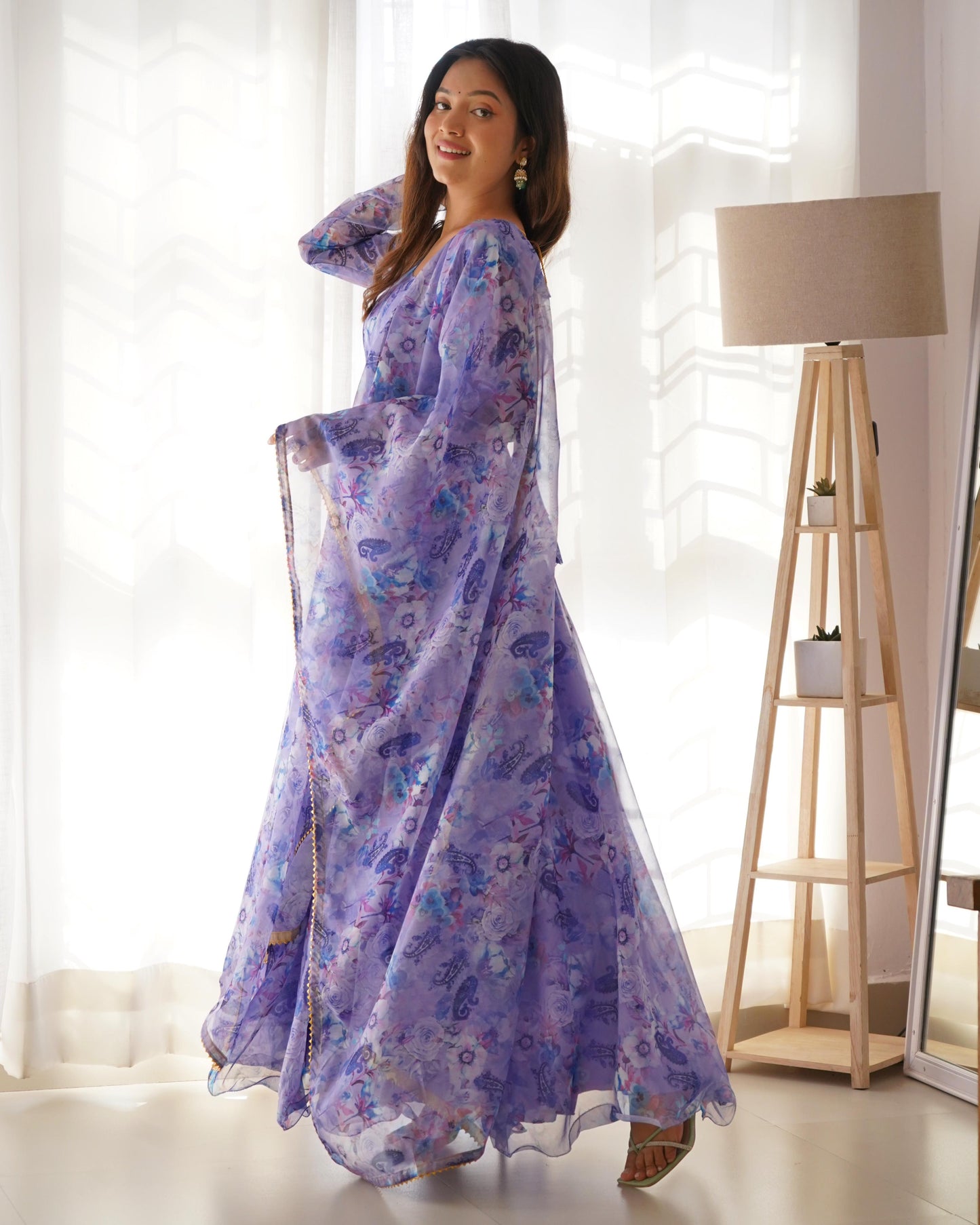 Spectacular Festive Wear Organza Sik Floral Digital Printed Gown - Ethnicwish