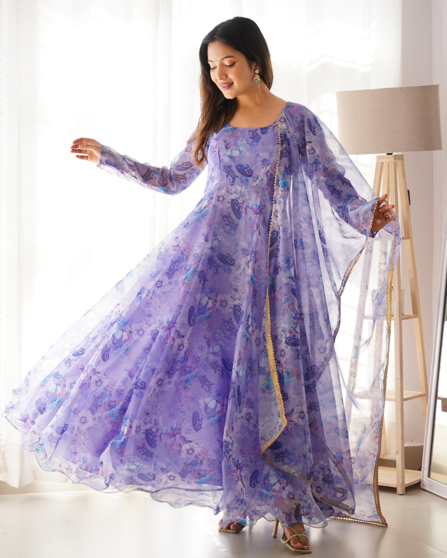 Spectacular Festive Wear Organza Sik Floral Digital Printed Gown - Ethnicwish