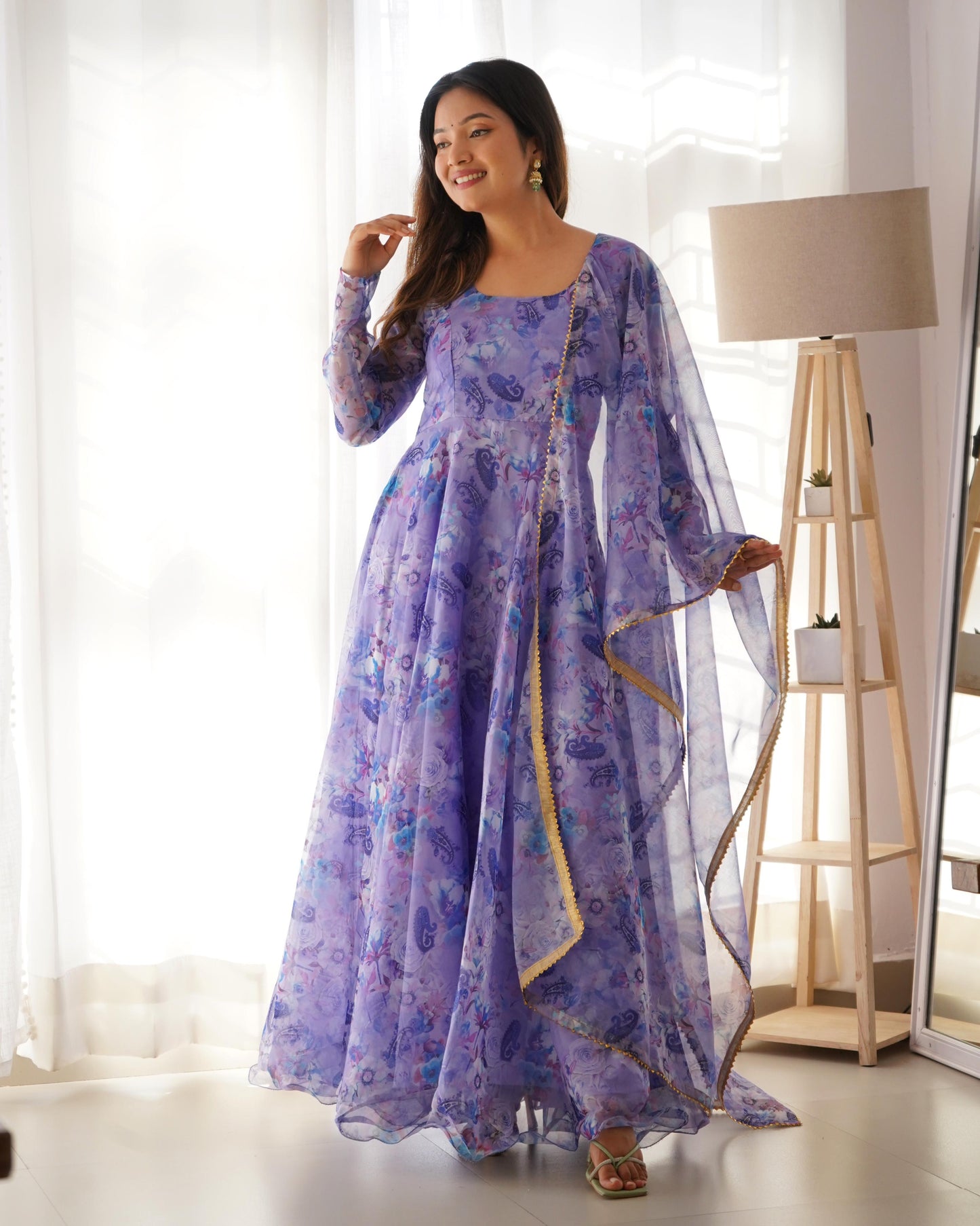Spectacular Festive Wear Organza Sik Floral Digital Printed Gown - Ethnicwish