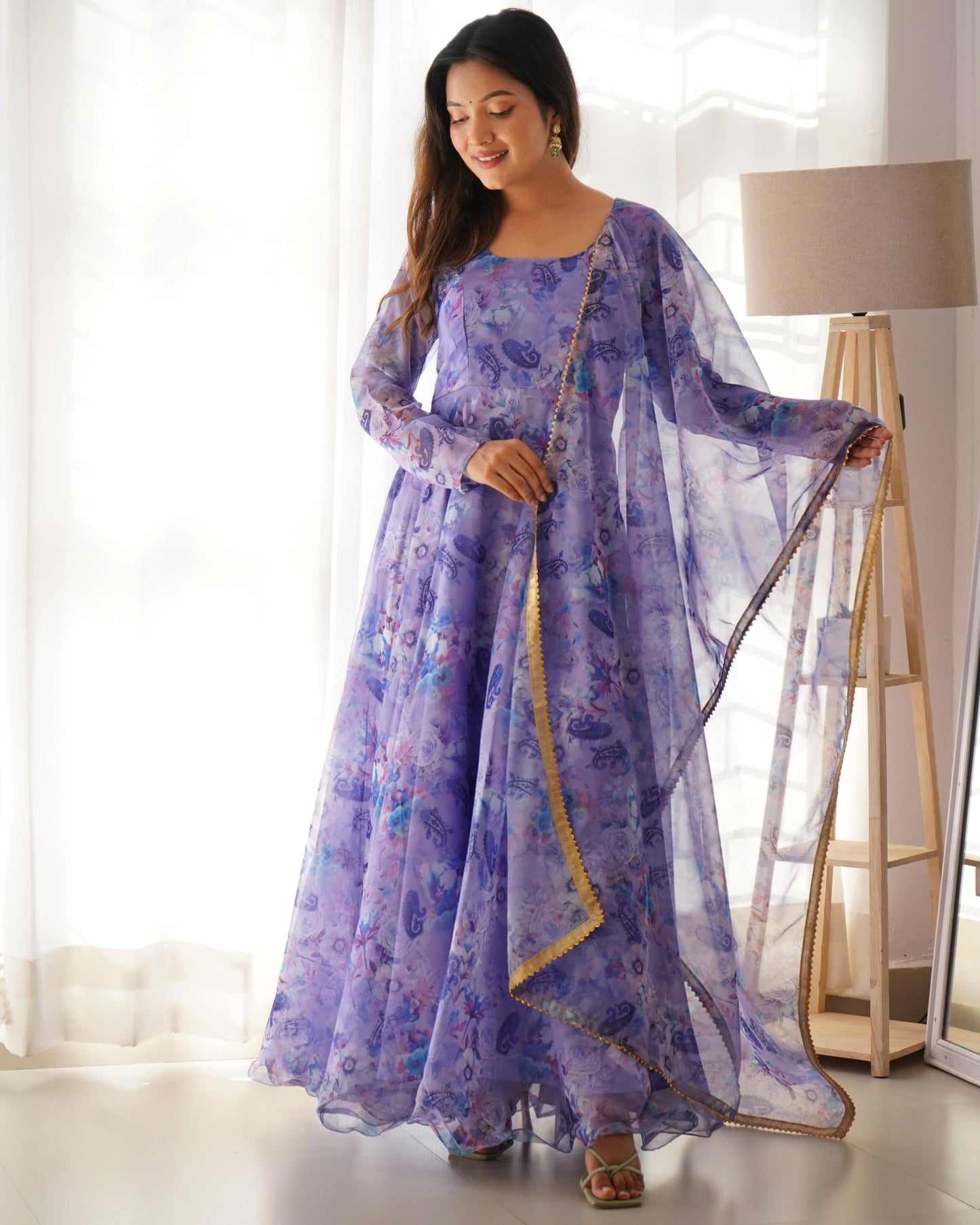 Spectacular Festive Wear Organza Sik Floral Digital Printed Gown - Ethnicwish