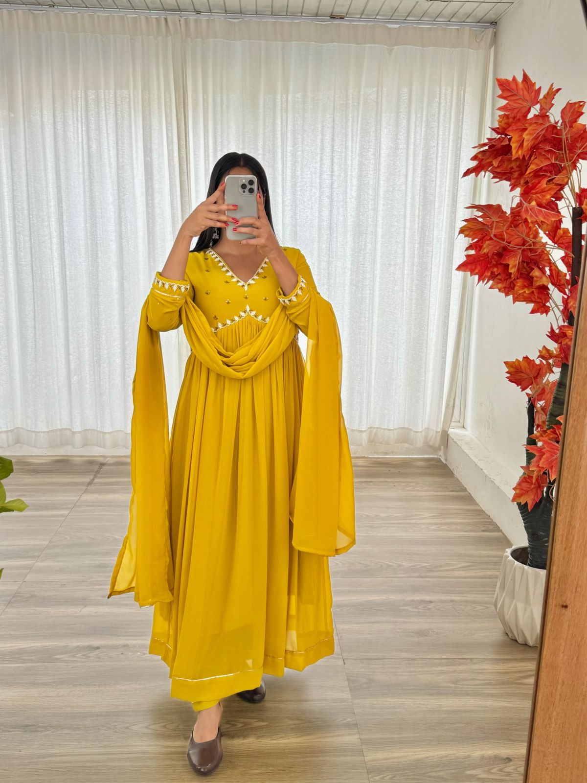 Exquisite Faux Georgette Festive Wear Handworked Suit - Ethnicwish
