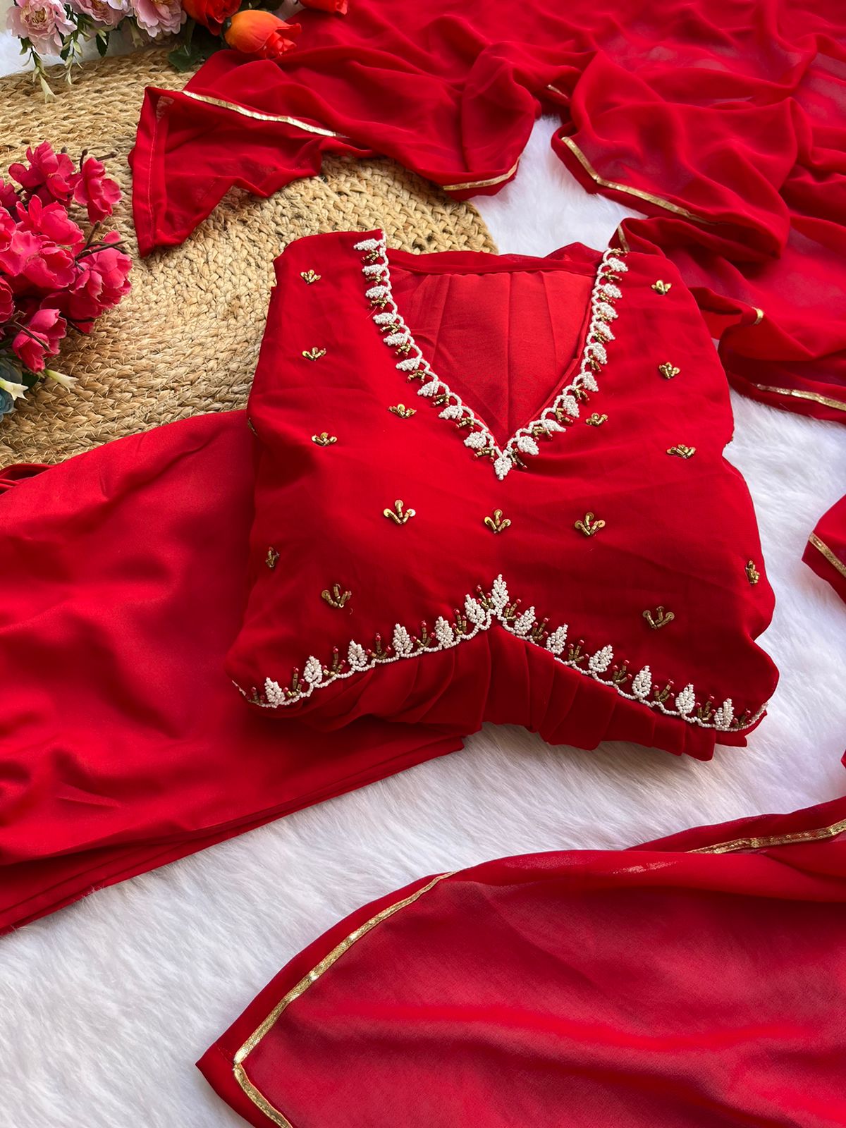 Exquisite Faux Georgette Festive Wear Handworked Suit - Ethnicwish