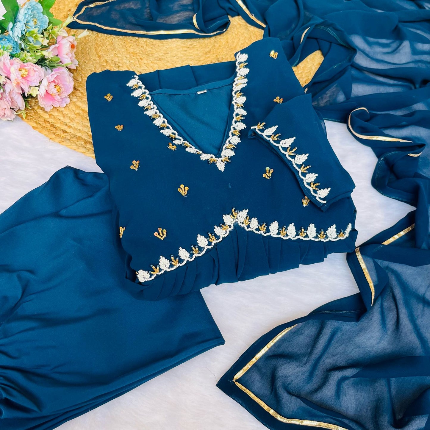 Exquisite Faux Georgette Festive Wear Handworked Suit - Ethnicwish