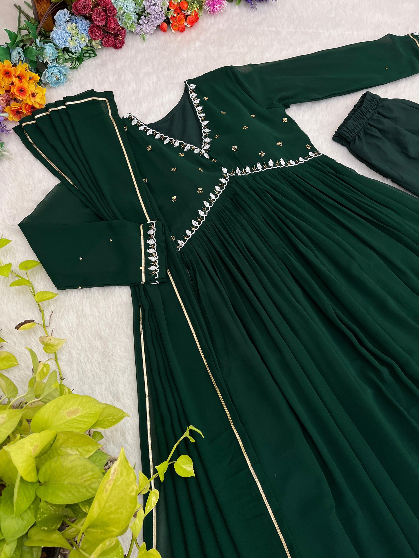 Exquisite Faux Georgette Festive Wear Handworked Suit - Ethnicwish