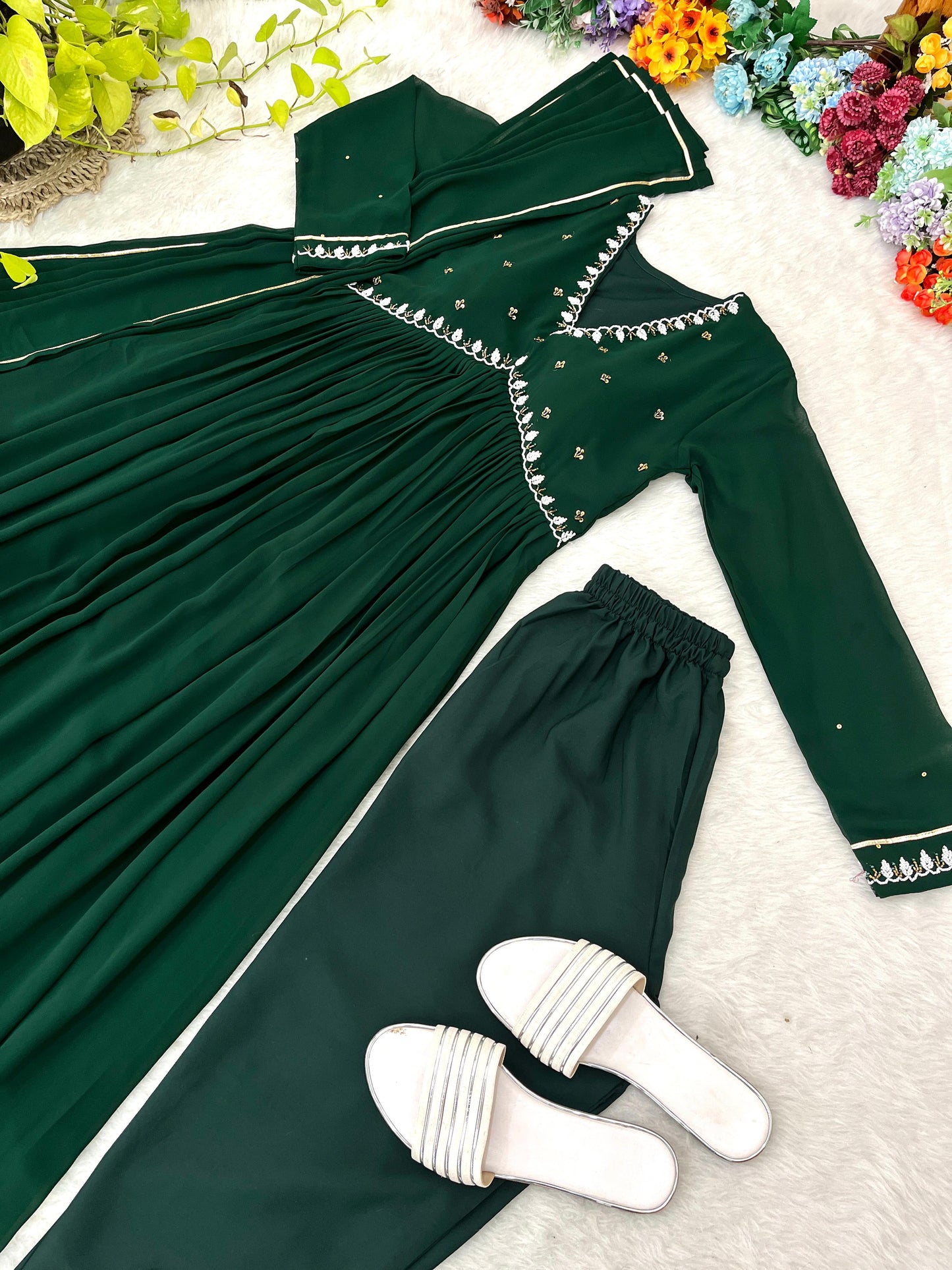 Exquisite Faux Georgette Festive Wear Handworked Suit - Ethnicwish