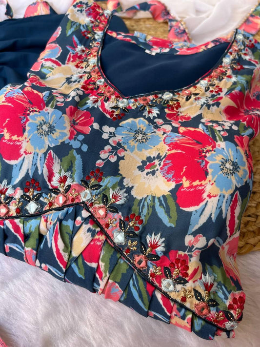 Breathtaking Blue Soft Cotton Printed Handworked Anarkali Pant Suit - Ethnicwish