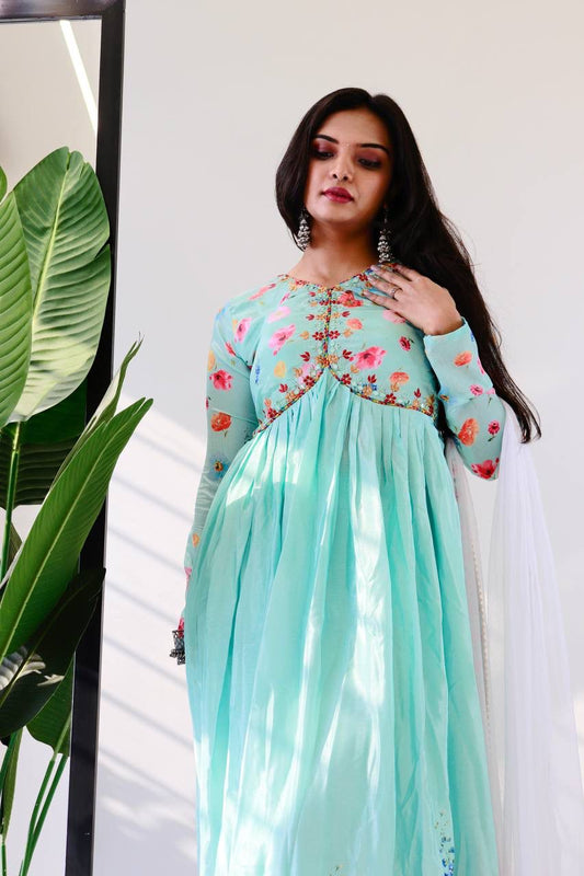 Ravishing Sky Blue Soft Chinon Floral Printed Handworked Anarkali Pant Suit - Ethnicwish