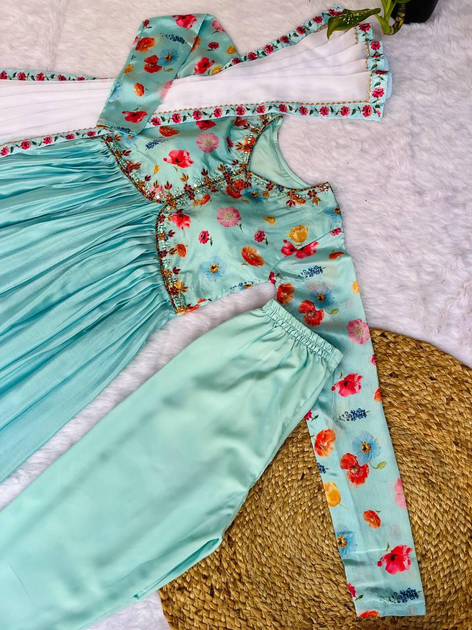 Ravishing Sky Blue Soft Chinon Floral Printed Handworked Anarkali Pant Suit - Ethnicwish