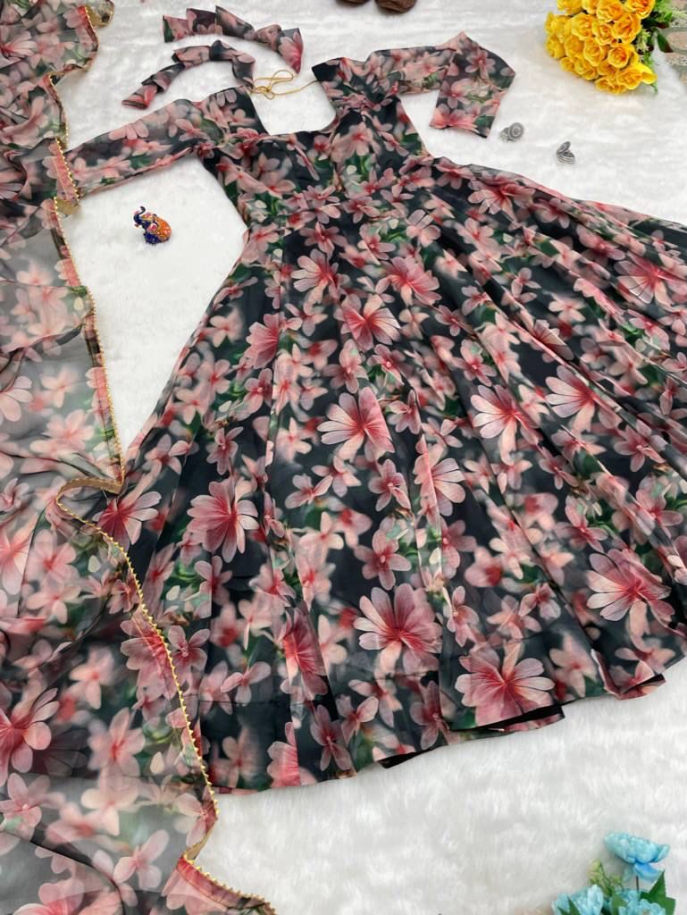 Magnificent Black Organza Silk Floral Digital Printed Gown With Dupatta - Ethnicwish