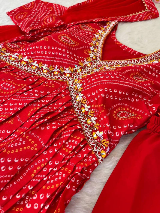 Ravishing Bandhej Printed Soft Chinon Handworked Anarkali Pant Suit - Ethnicwish