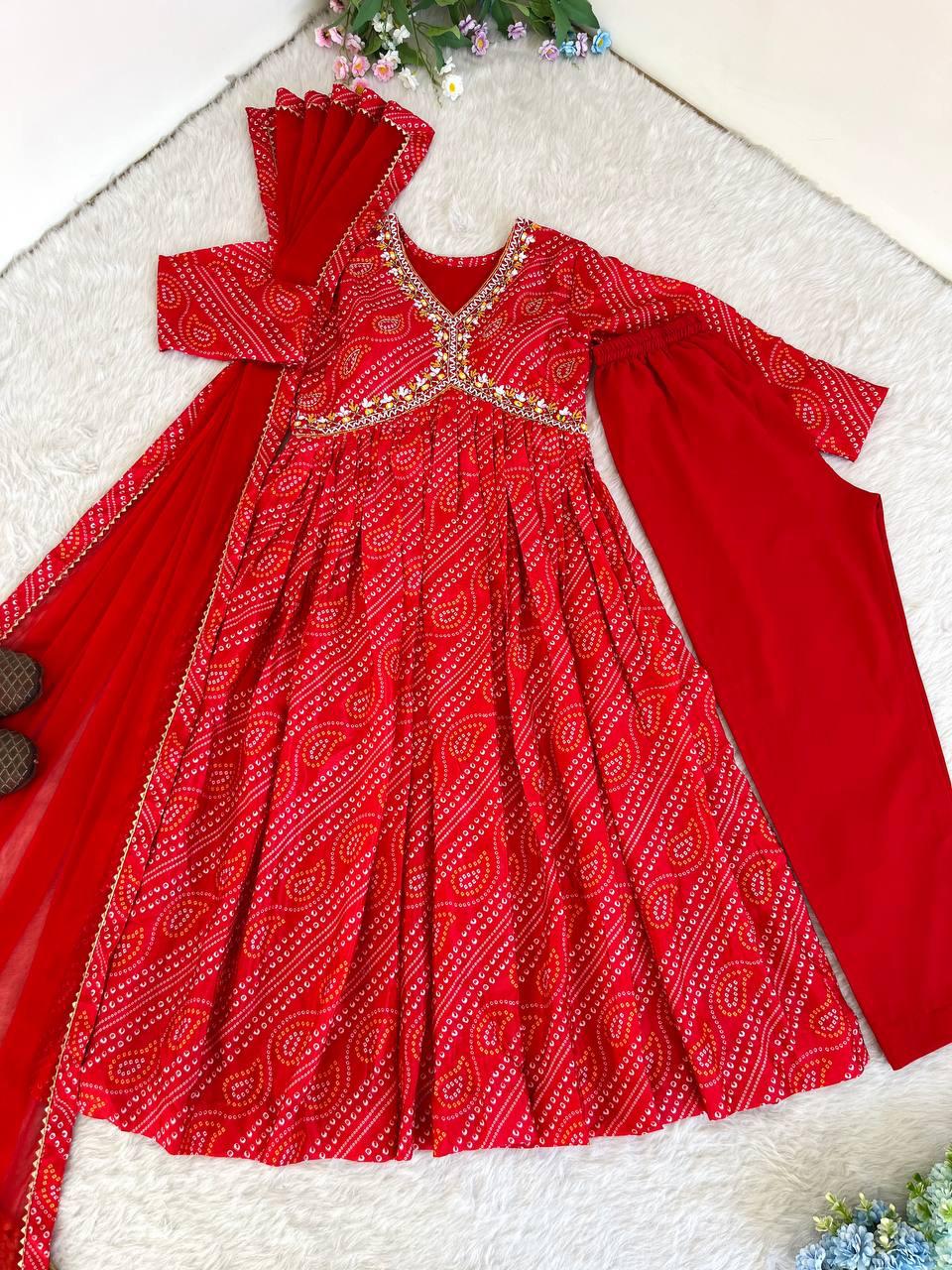 Ravishing Bandhej Printed Soft Chinon Handworked Anarkali Pant Suit - Ethnicwish