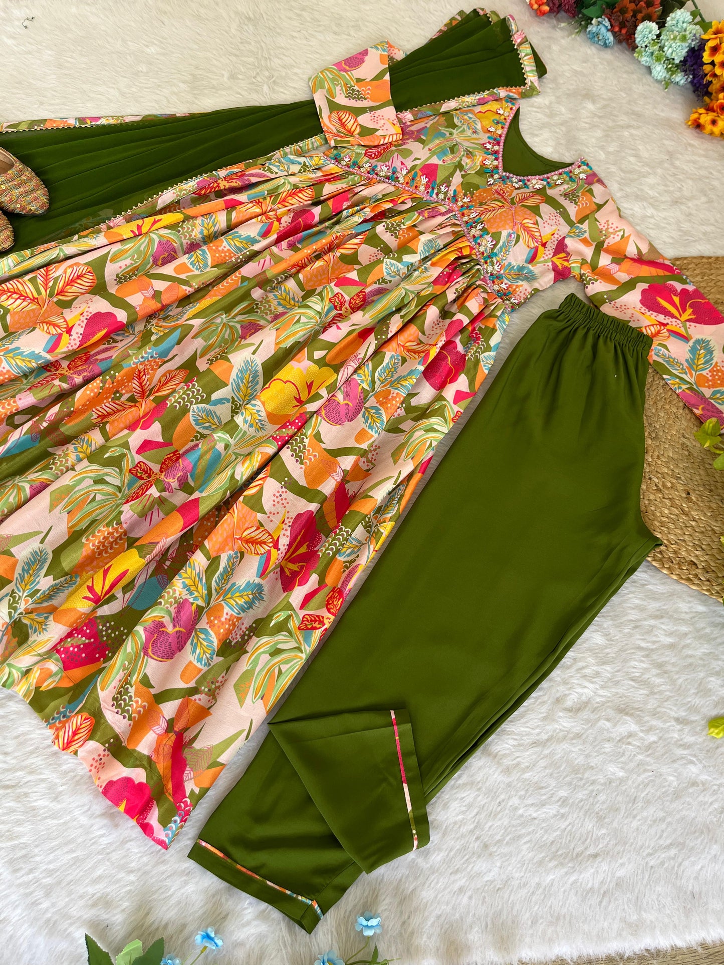 Magnificent Green Soft Chinon Floral Printed Handworked Festive Wear Anarkali Pant Suit - Ethnicwish