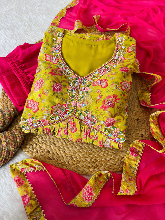 Hypnotic Yellow Soft Chinon Floral Printed Handworked Anarkali Pant Suit - Ethnicwish