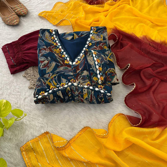 Stunning Pure Viscous Chanderi Handworked Anarkali Pant Suit - Ethnicwish