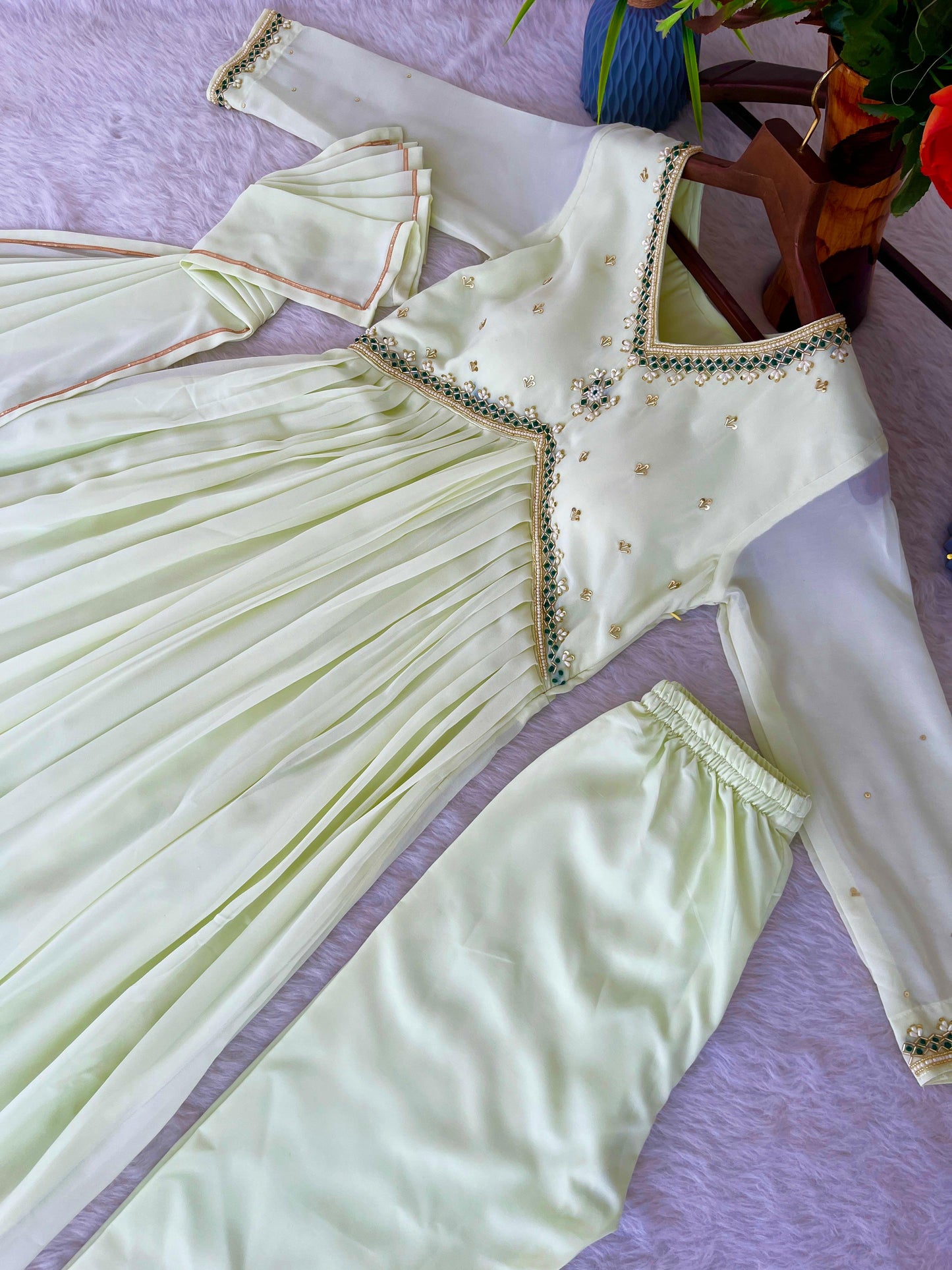 Stunning Off White Faux Georgette Handworked Anarkali Pant Suit - Ethnicwish