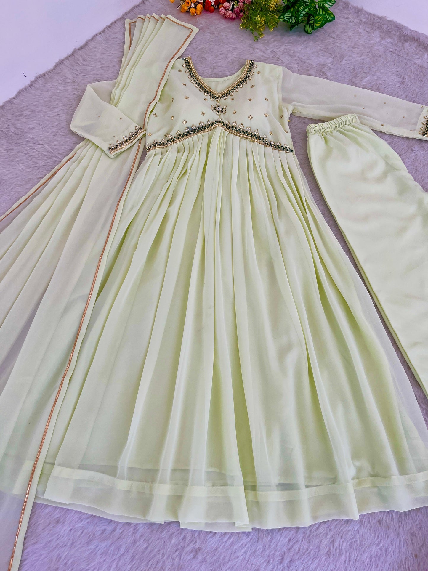Stunning Off White Faux Georgette Handworked Anarkali Pant Suit - Ethnicwish