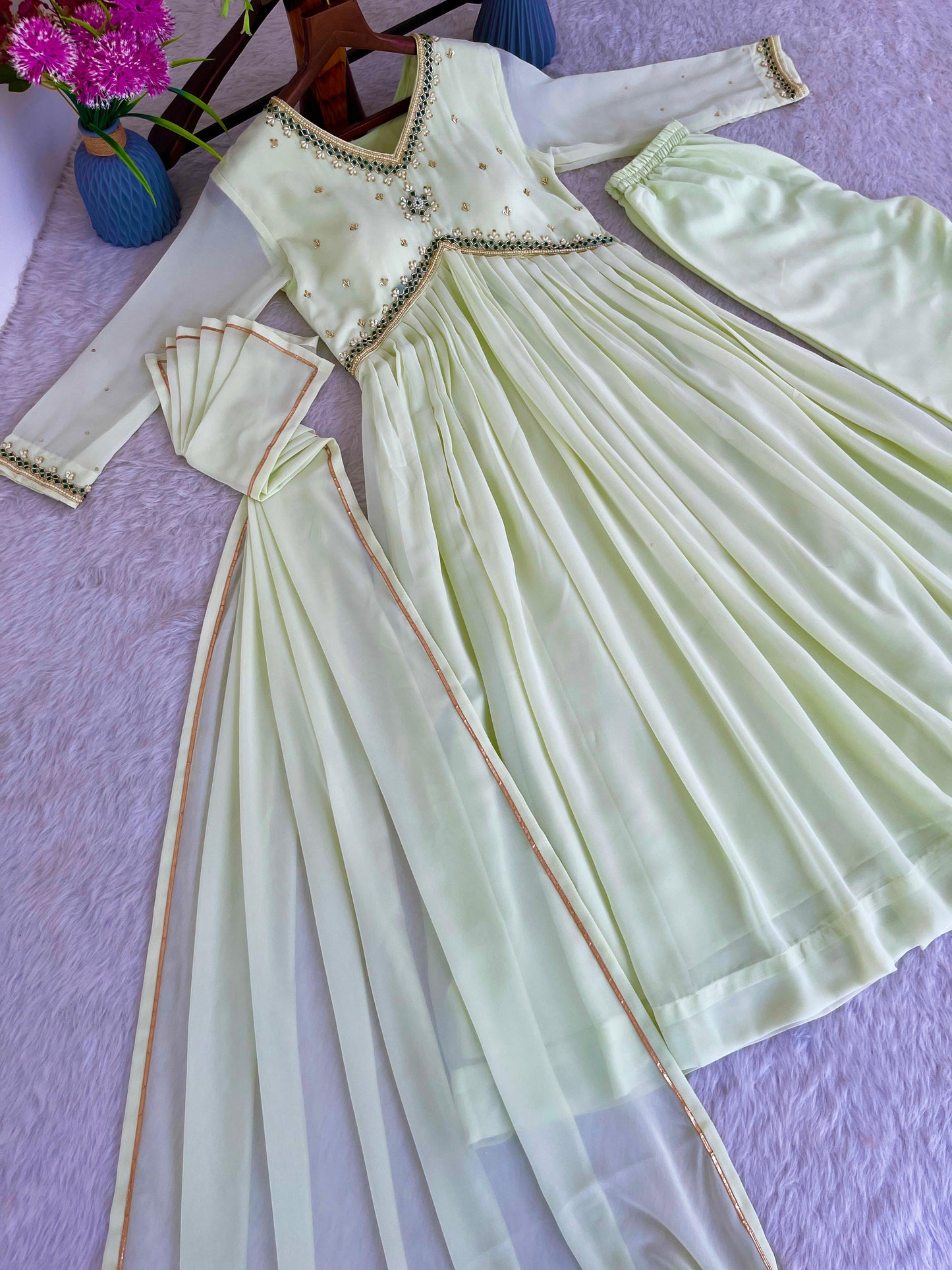 Stunning Off White Faux Georgette Handworked Anarkali Pant Suit - Ethnicwish