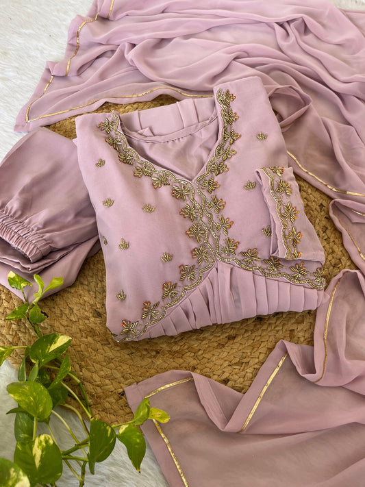 Alluring baby Pink Faux Georgette Handworked Anarkali Pant Suit - Ethnicwish