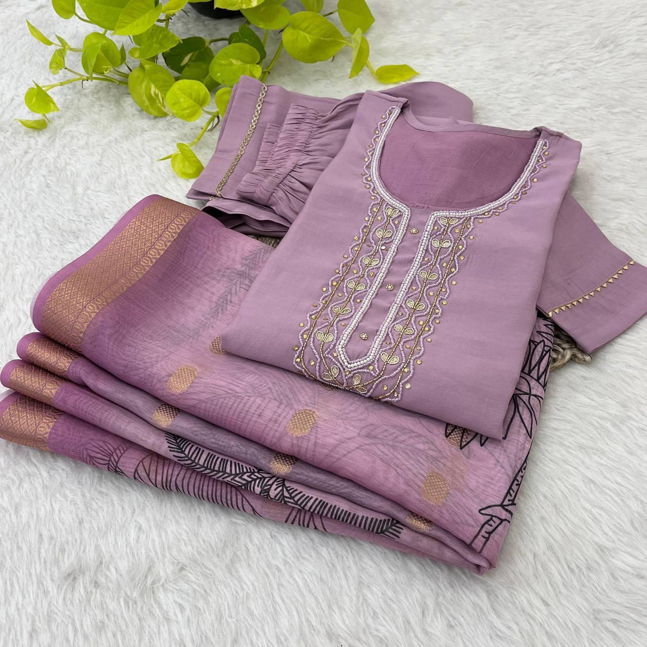 Bewitching Roman Silk Handworked Designer Anarkali Pant Suit - Ethnicwish