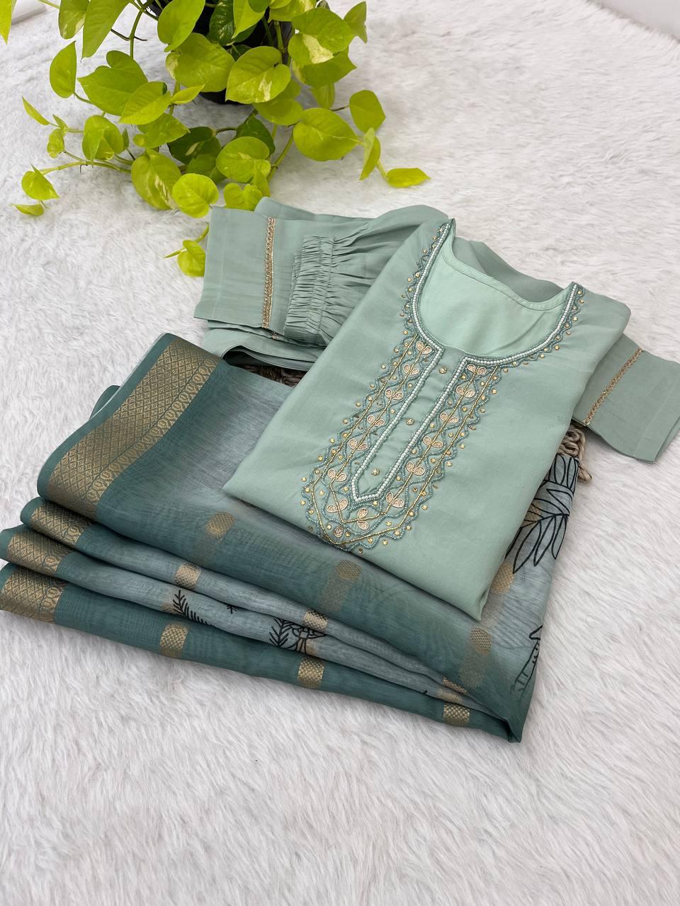 Bewitching Roman Silk Handworked Designer Anarkali Pant Suit - Ethnicwish