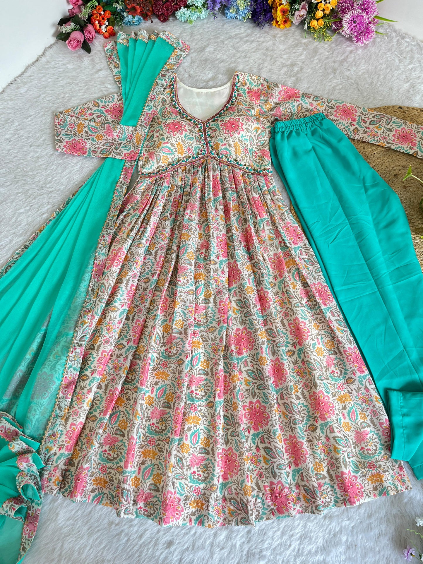 Lovely Soft Chinon Floral Printed Handworked Festival Wear Anarkali Pant Suit - Ethnicwish