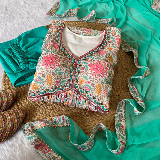 Lovely Soft Chinon Floral Printed Handworked Festival Wear Anarkali Pant Suit - Ethnicwish